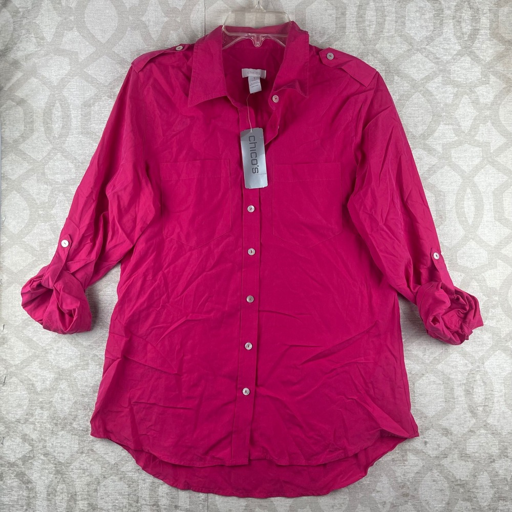 Chico's Secret Silk Utility Top Women 1 M Pink NWT Roll Tab Button Blouse Modal